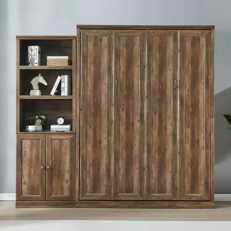 Queen Size Murphy Bed Wall Bed with Side Cabinet, Space-Saving Bed Perfect for Guest Room, Bed Room, Home Office, Rustic White/Brown -ModernLuxe