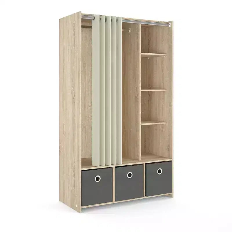 Tvilum,Lola 3 Bin Wardrobe with Curtain, Oak Structure/Natural Fabric/Grey Textile