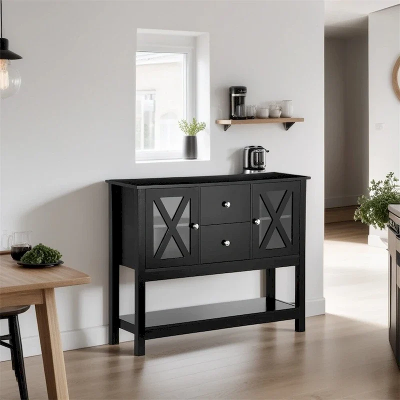 Wood Buffet Cabinet with Storage Drawers and Glass Door