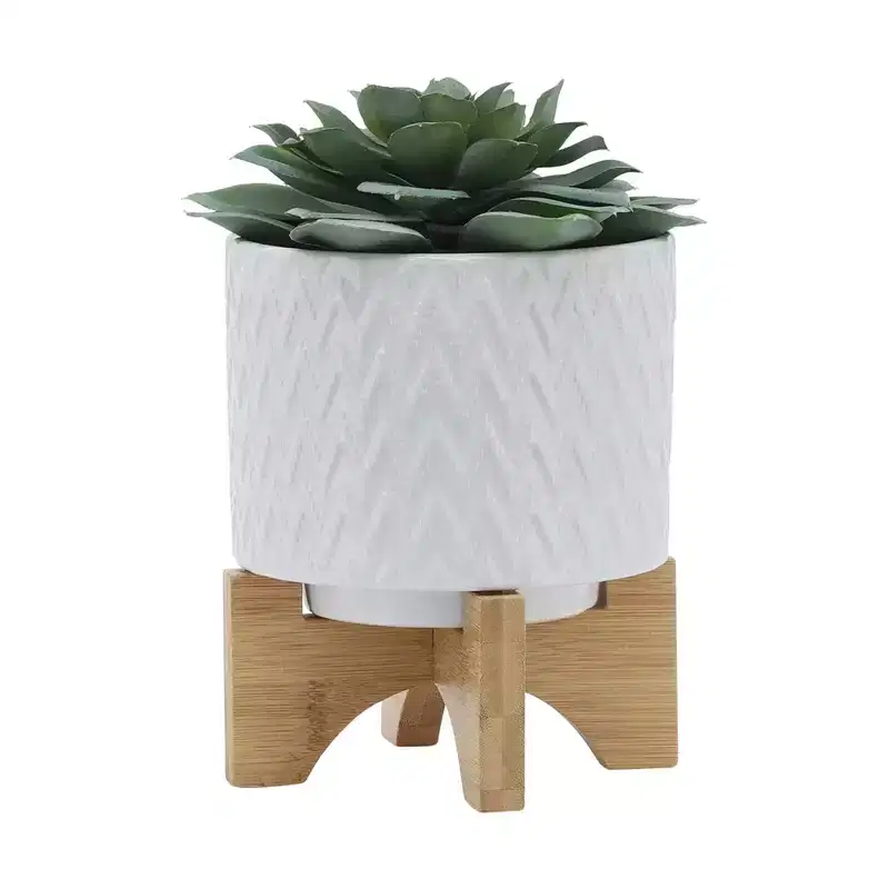 Okak 5IN Modern Plant Pots with Chevron Caving, Flower Pots with Cross Wooden Stand, Ceramic Pot for Indoor or Outdoor Tabletop, White