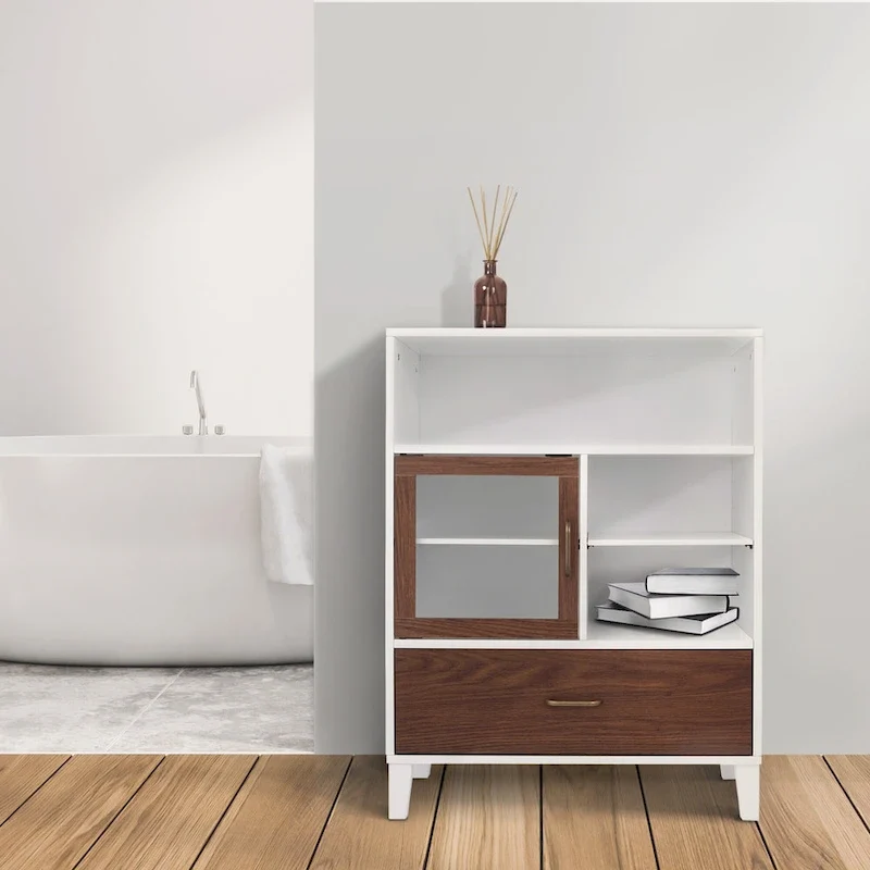 Modern Wooden Floor Storage Cabinet, Walnut and White