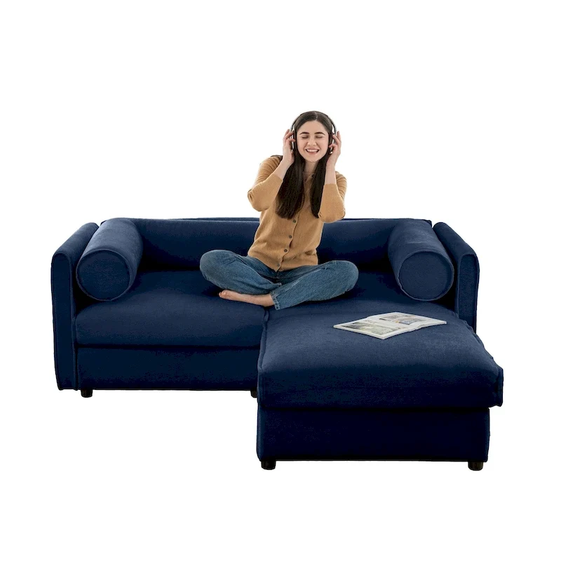 Chenille Loveseat Sofa with Storage Ottoman Blue Green White