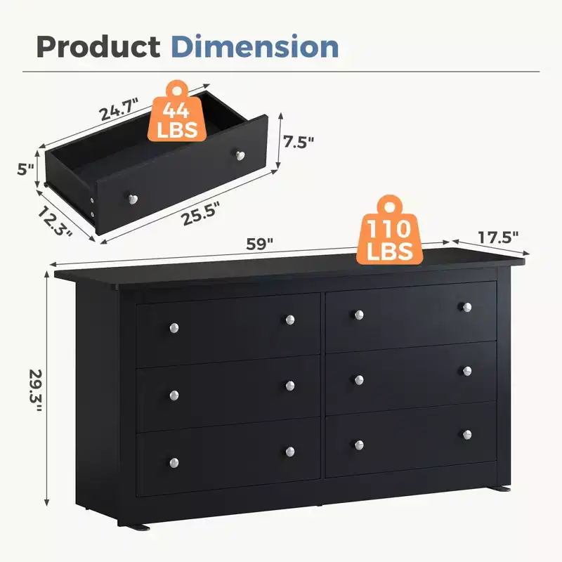 JIONJOY 6-Drawer Wide Double Dresser - Laminated Composite Wood Chest of Drawers for Bedroom, Living Room & TV Stand