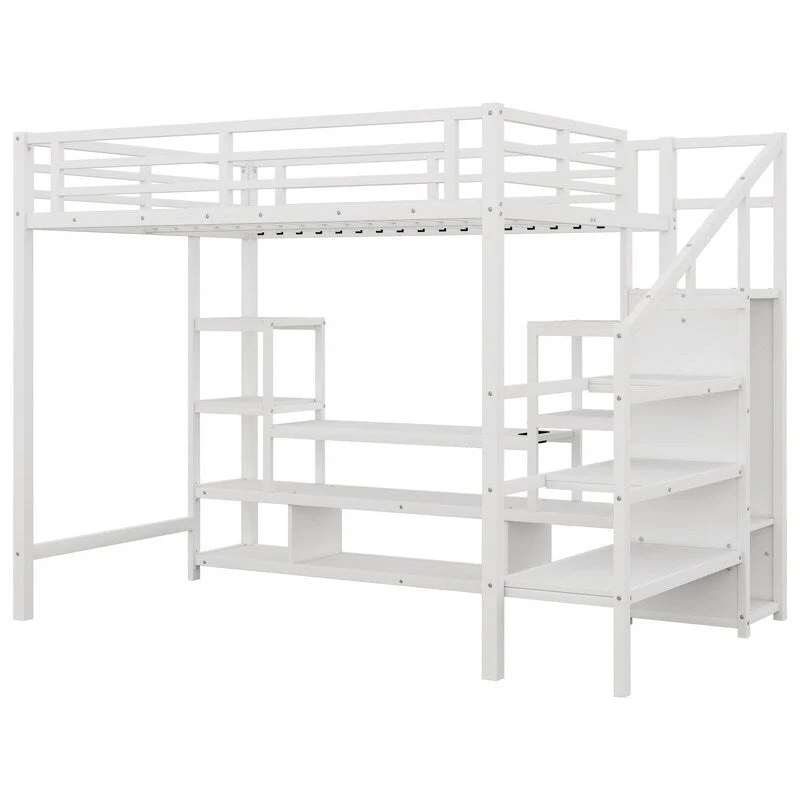 Full Size Metal Loft Bed with TV Cabinet, Staircase and Wardrobe
