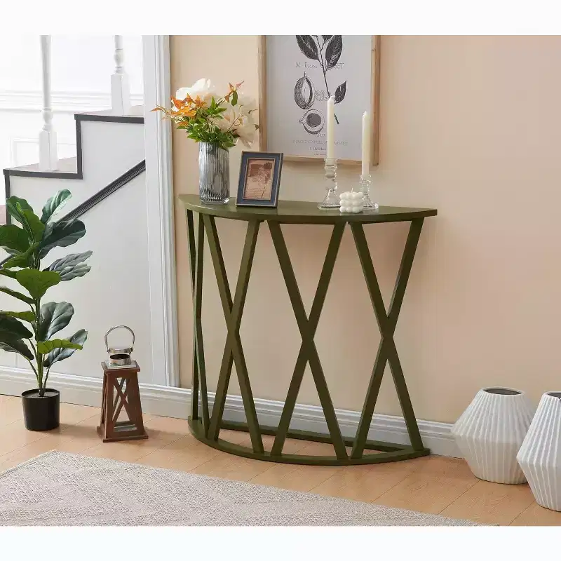 Vienna Half Moon Wood Console Table for Entryway, Accent Sofa Table X-Motifs Design for Living Room, Hallway, Foyer, Entrance
