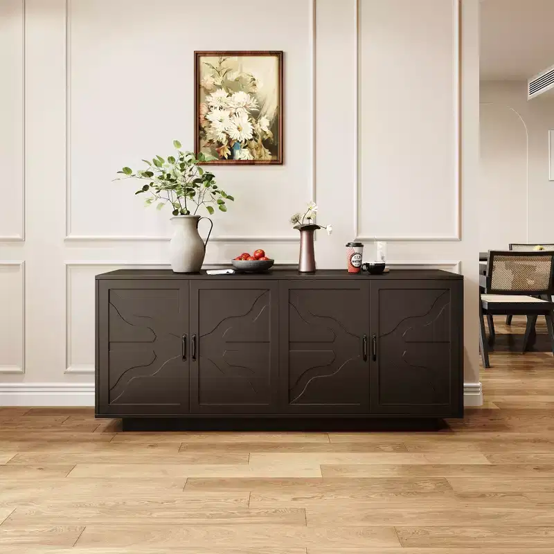 GDFStudio Alix Farmhouse 68 Sideboard Buffet Cabinet with Built-In Stemware Rack, 2 Drawers and 4 Doors
