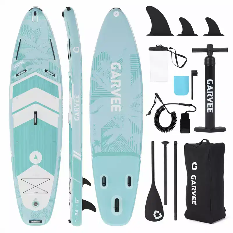 PVC Inflatable Paddle Board Blue Green Palm Leaf Design, Wide for Stability