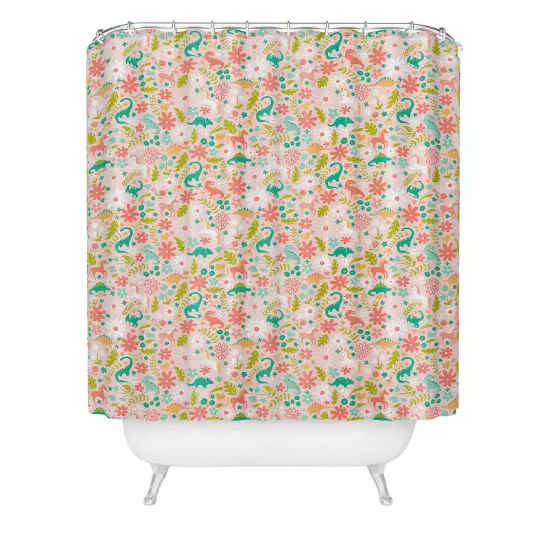 Deny Designs Kids' Lathe and Quill Dinosaurs Unicorns in Pink Teal Shower Curtain