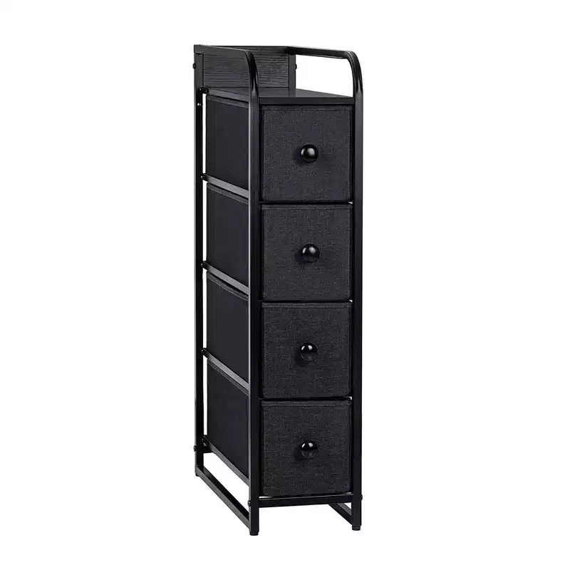 REAHOME 4 Drawer Vertical Steel Frame Storage Organizer Narrow Tower Dresser with Waterproof, Adjustable Feet, and Wall Safety Attachment, Black/Grey