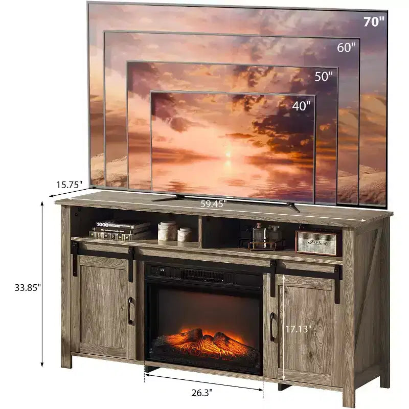 VINGLI Fireplace TV Stand with Sliding Barn Door for 70 Inch TV, Farmhouse Entertainment Center with 23 Fireplace, Fireplace Media Console Table