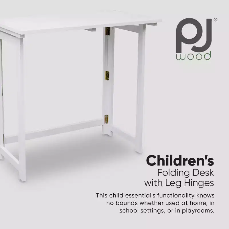PJ Wood Children's Folding Desk with Leg Hinges and Side Stretchers for Writing, Studying, Arts and Crafts, School and Home Set Up, White