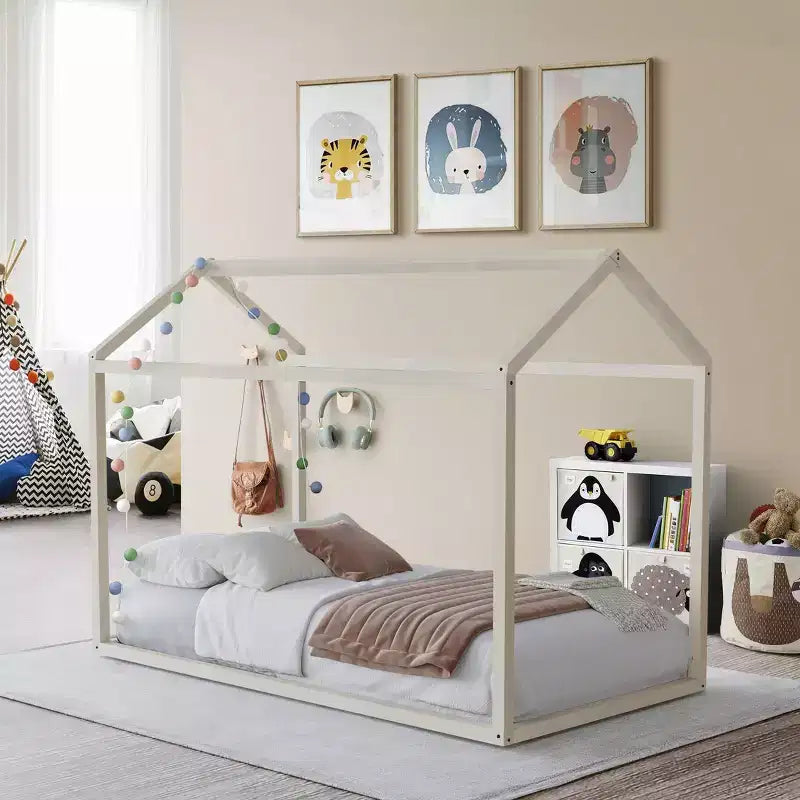 Kids Wooden Canopy Bed Frame, House-Shaped, Twin Size