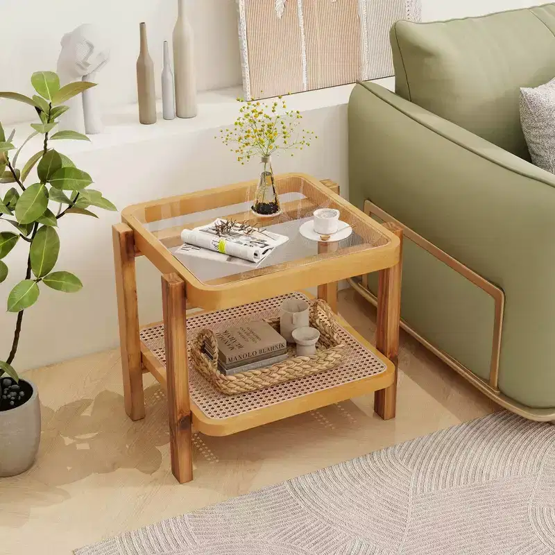 Costway 1/2 PCS End Table with Tempered Glass Top Acacia Wood Legs Rattan Storage Shelf