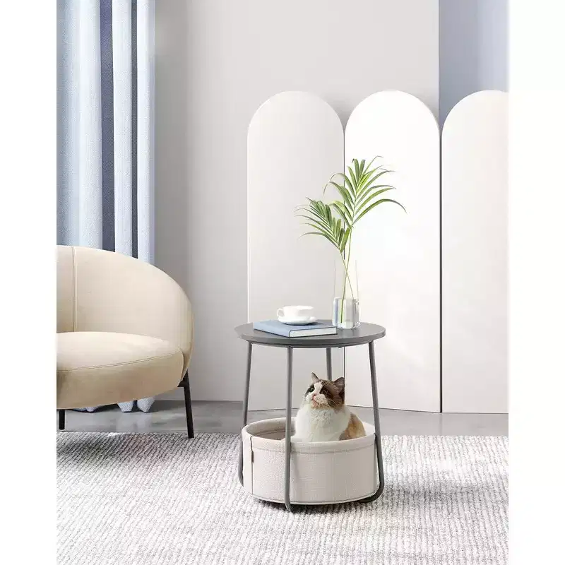 Small Round Side End Table Modern Nightstand with Fabric Basket