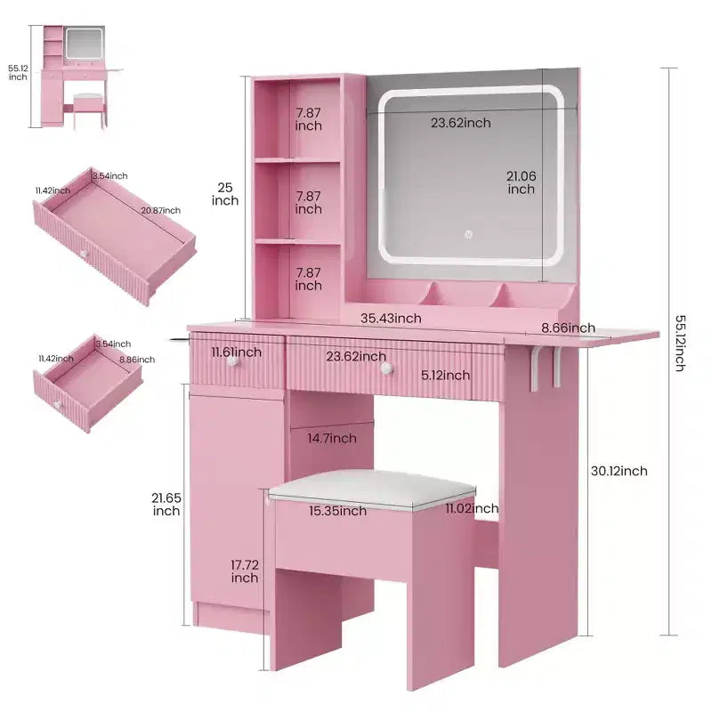 GustoWave Vanity Desk with Mirror and Lights, Power Outlets Makeup Table with Drawers & Cabinet, Storage Stool, Dressing Table for Bedroom