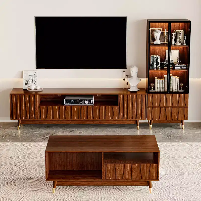 ATJafurn Mid-century Modern Living Room Set Entertainment Center up to 85 TV, Walnut