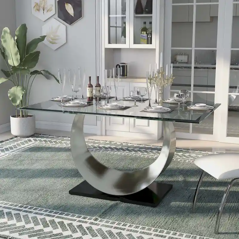 Heer Modern Black Steel U-shaped Pedestal 7-Piece Dining Set by Furniture of America