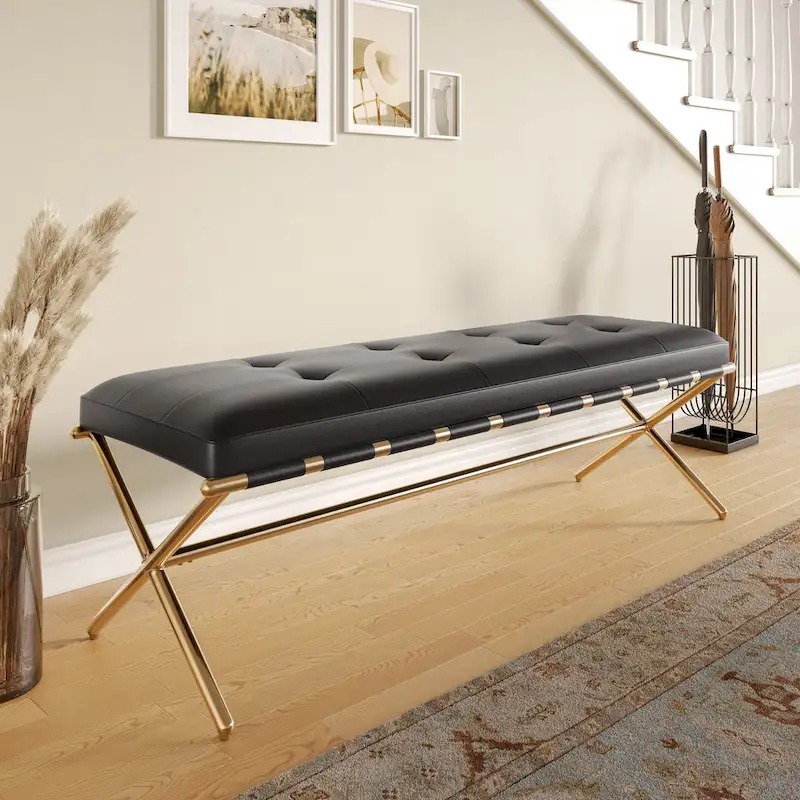 Contemporary Black Faux Leather Bench