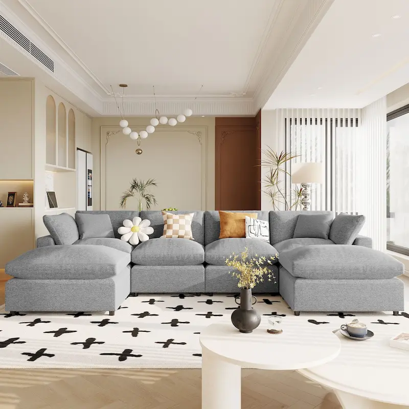 134.40 Modern U-Shaped 6 Seater Sectional Sofa with 2 Large Chaises, Removable Ottomans and Soft Cushions