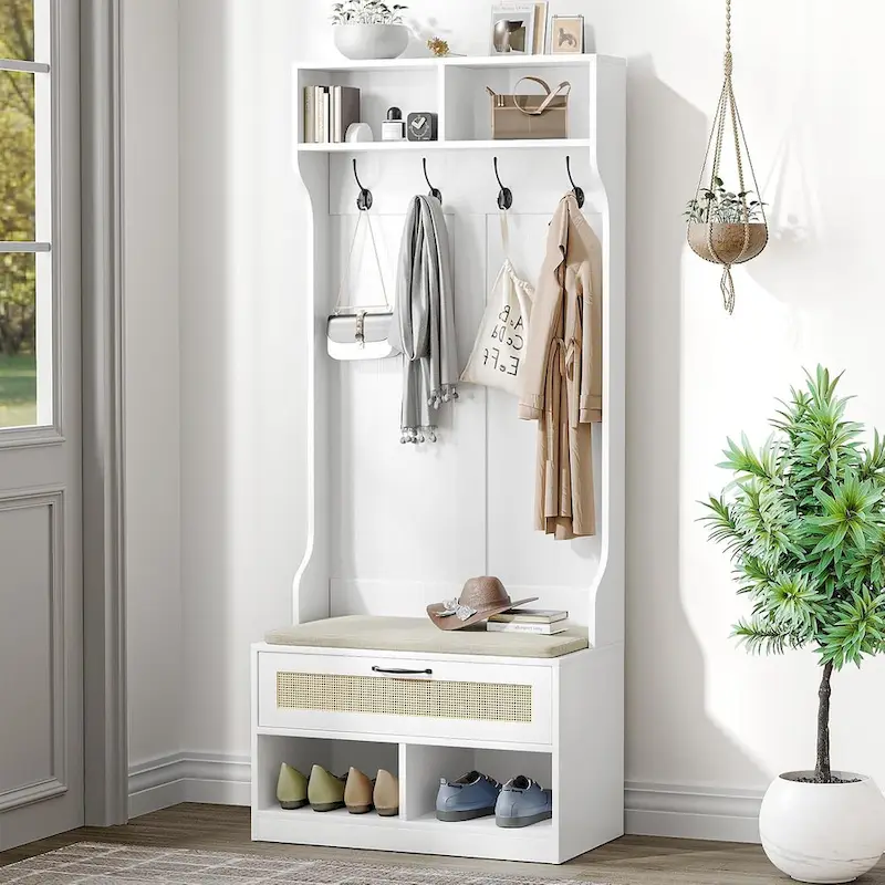 67 3-In-1 Hall Tree Shoe Storage Bench and Coat Rack with 4 Hooks and 6 Compartments for Entryway