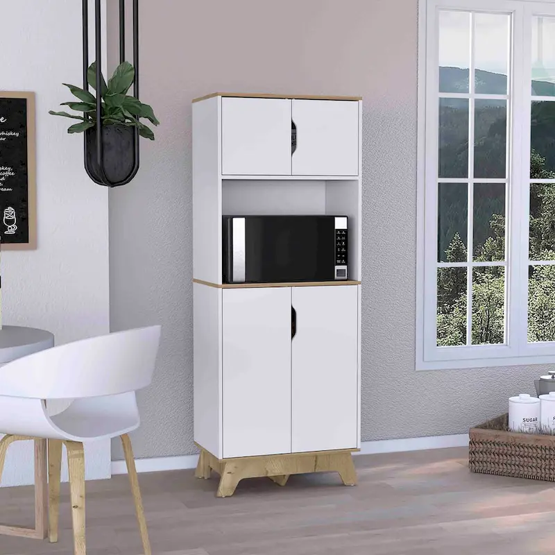 Tall Kitchen Cabinet with Microwave Shelf and Double Doors in White and Light Oak