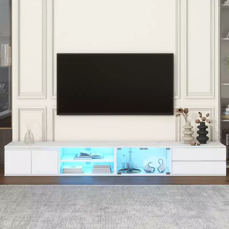 TUYOHW TV Stand with Faux Marble Tabletop for TVs up to 105 Inches,TV Media Console Table with 2 Drawers and Cabinets,White