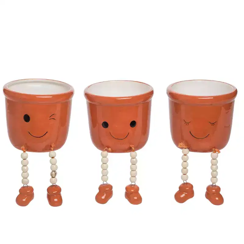 Transpac Dolomite Happy Planter Set of 3 with Drainage Hole Ceramic Spring Red Tabletop Planters for Home Decor