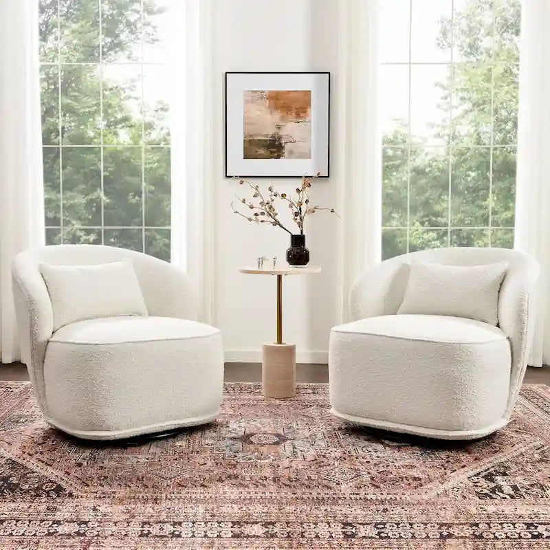 KINWELL 33 W Sherpa Boucle Upholstered Accent Swivel Chair (Set of 2)