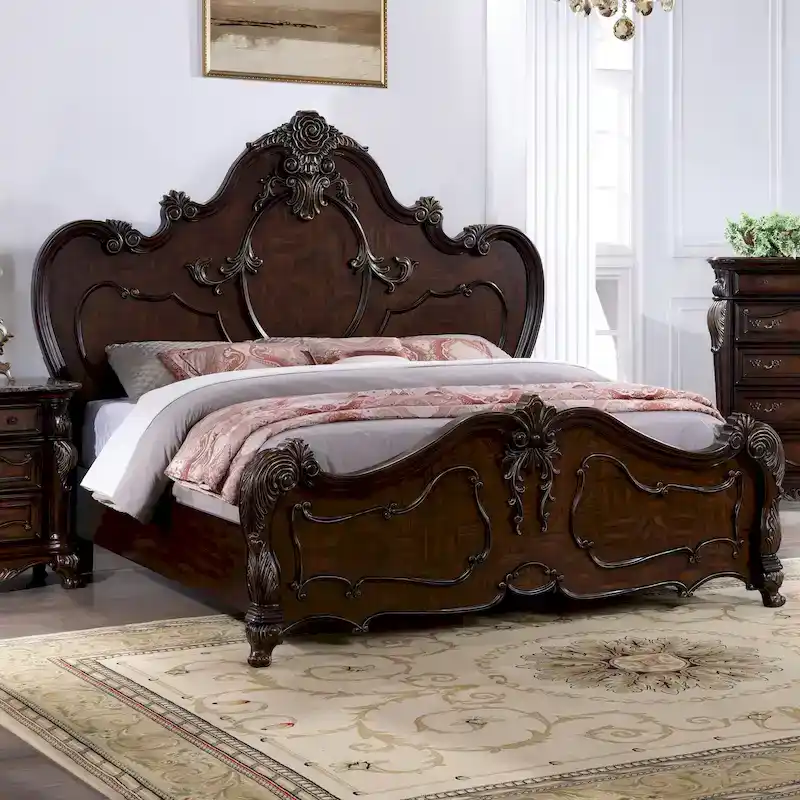 Traditional Solid Wood Panel Bed with Intricate Carved Trim