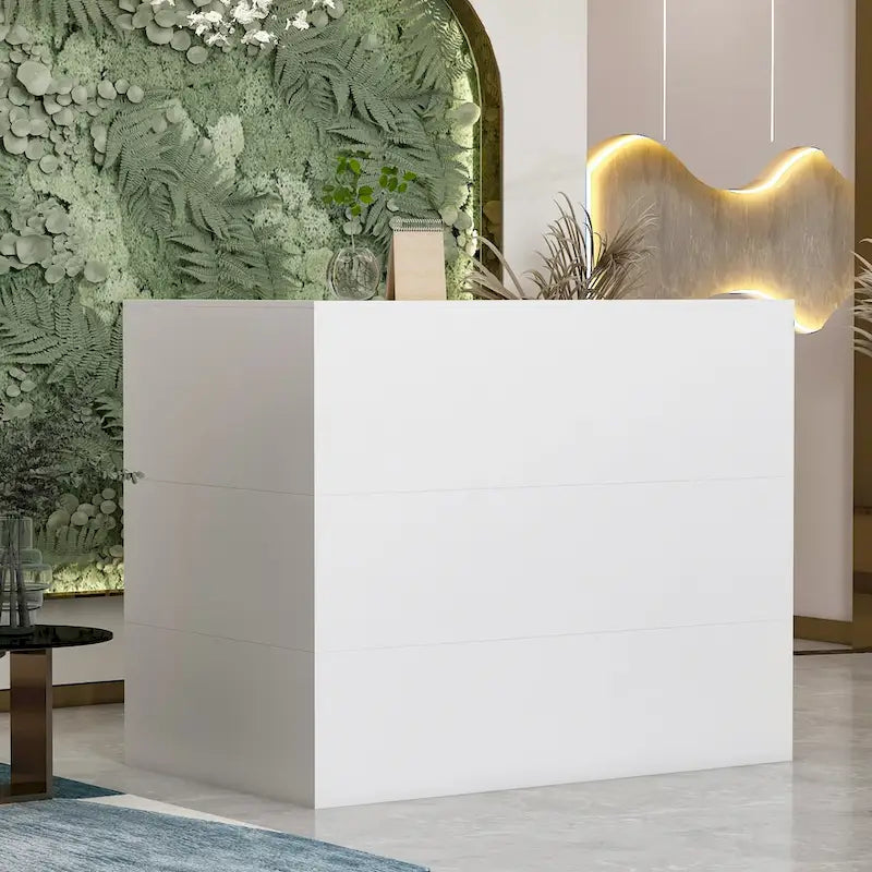 Timechee Reception Desk L-Shaped Counter Shelves Drawers Reception Table
