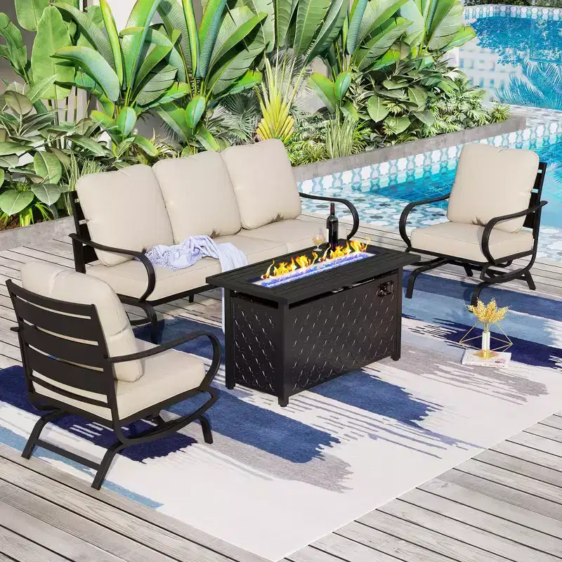 Captiva Designs 4pc Metal Patio seating Furniture Fire Pit Set with Rocking Chairs for Garden Porch Backyard