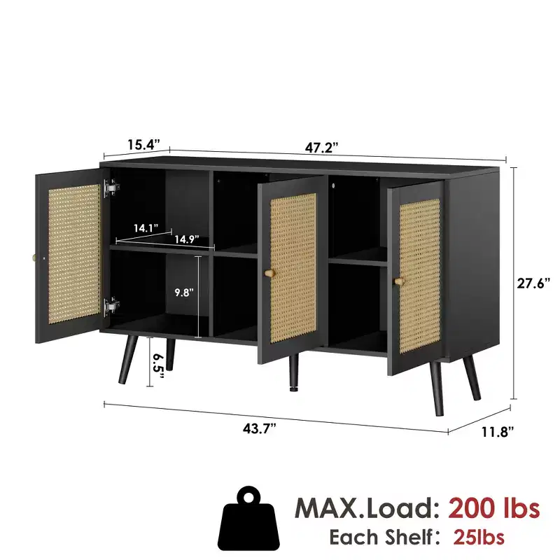 Set of 2 Modern Rattan Sideboard Buffet Cabinet  47.2 Farmhouse Credenza with Adjustable Shelves, Coffee Bar Storage Cabinet