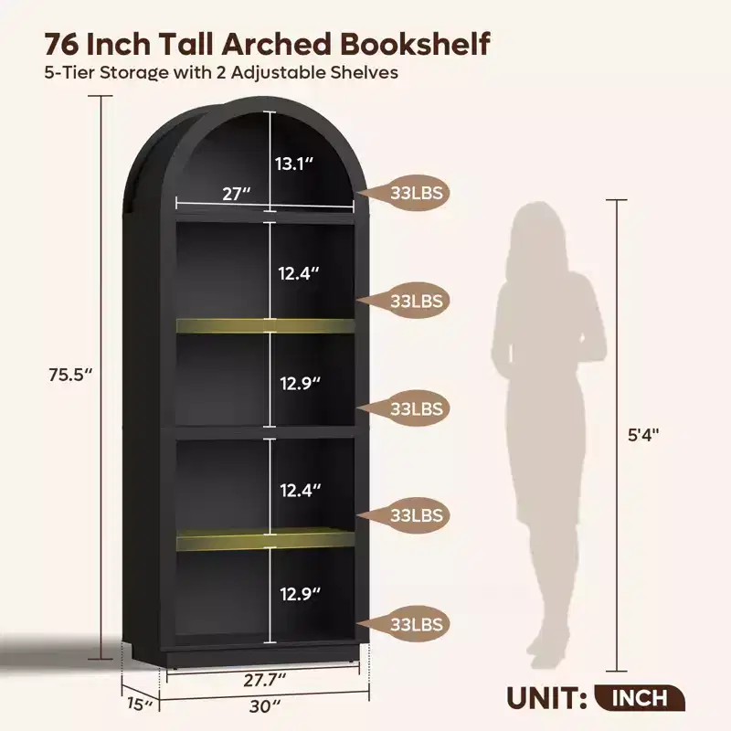 Bestier 76 inch Tall Bookshelves, 5-Shelf Arched Bookcase with Open Front Storage Shelves, Utility Storage Shelves