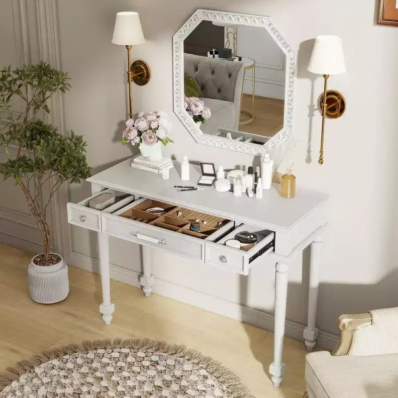 ModernLuxe Makeup Vanity Desk with Mirror, Drawers & Jewelry Storage Plate, White Vanity Table Dressing Table Space-Saving Beauty Station