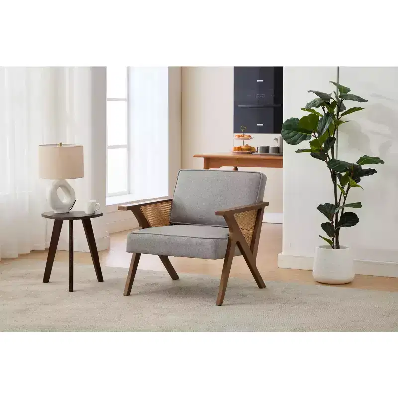 Linen Upholstered Accent Chair, Mid Century Modern Vintage Rattan Vanity Chair with Wood Armrest and Legs for Living Room Bedroom