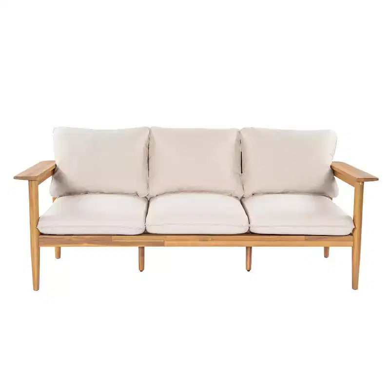 ModernLuxe Outdoor Acacia Wood Sectional Sofa, Light Teak Finish with Beige Cushion