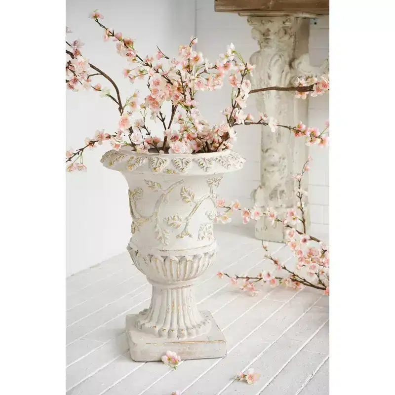 NAYSAYE Ornate Magnesium Urn Planter with Distressed Finish and Carved Details for Home Garden Decor, White Gold, 14*14*20.3
