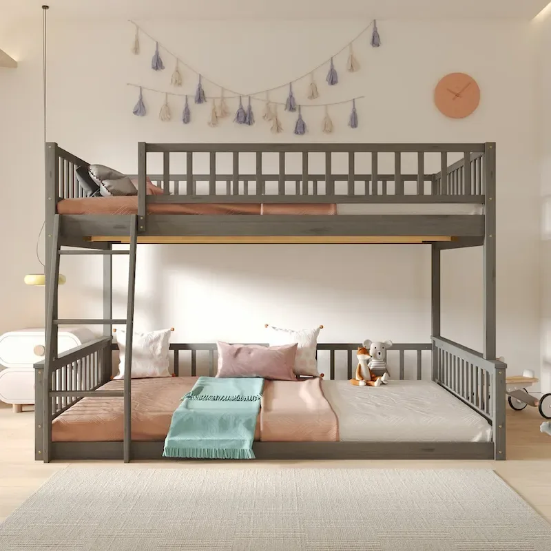 Gray / Walnut Full XL over Queen Bunk Bed with Ladder & Guardrails, 2-Person
