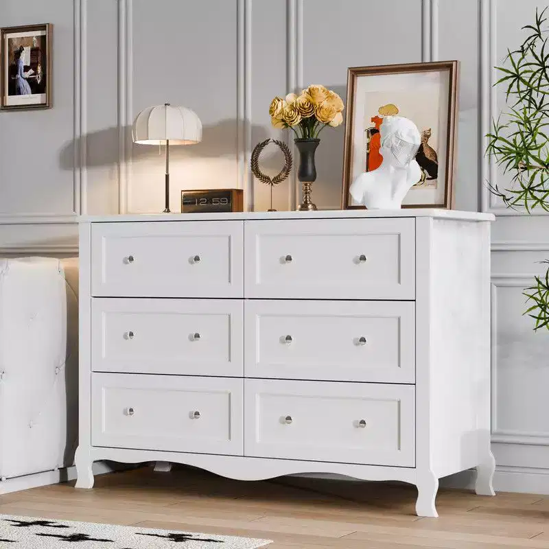 White 6-Drawer Dresser – French Curved Legs, P2 MDF, 47.2"W
