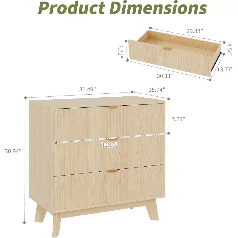 Fluted Chest of Drawers for Bedroom,Modern 3 Drawer Chest of Draws with Metal Handles,Wooden Storage Cabinet for Living Room & Hallway,80x40x79cm,Oak