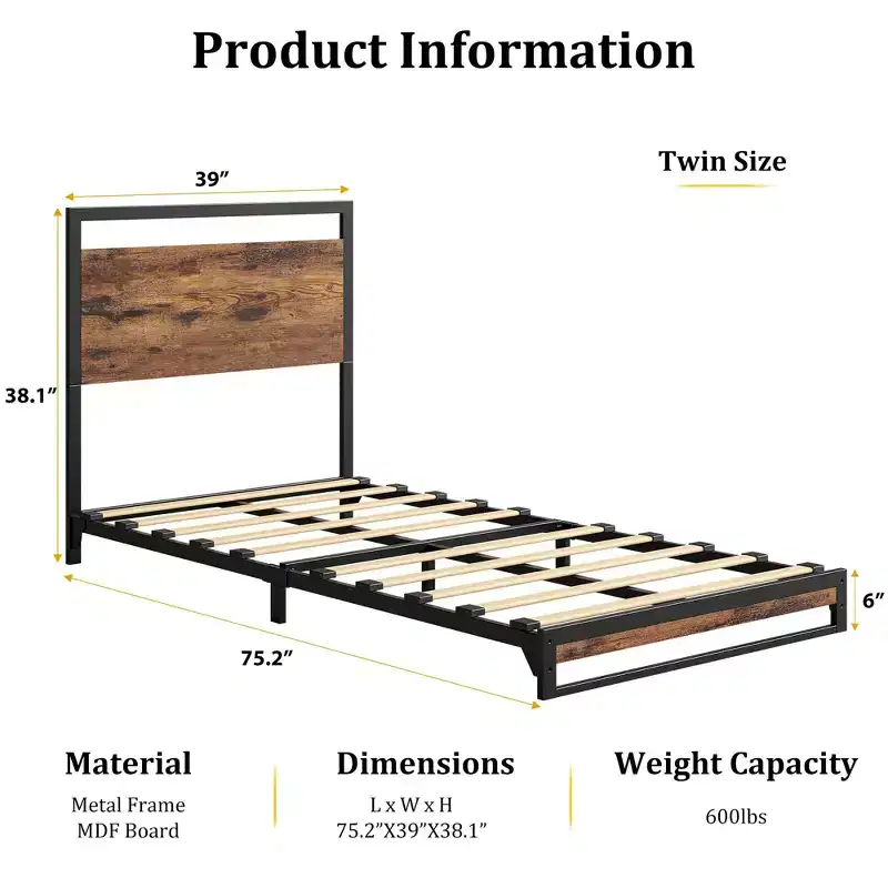 Industrial Twin Size Bed 75.23938.1, 600 lb Metal Frame, Rustic MDF Headboard & Footboard, Mute EVA Strips, Tool-Free Assembly, 10-14 Mattress