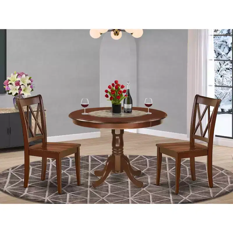 Antique Round Dining Set - 42 Inch Table with 2 Double X Back Chairs - Home Decor