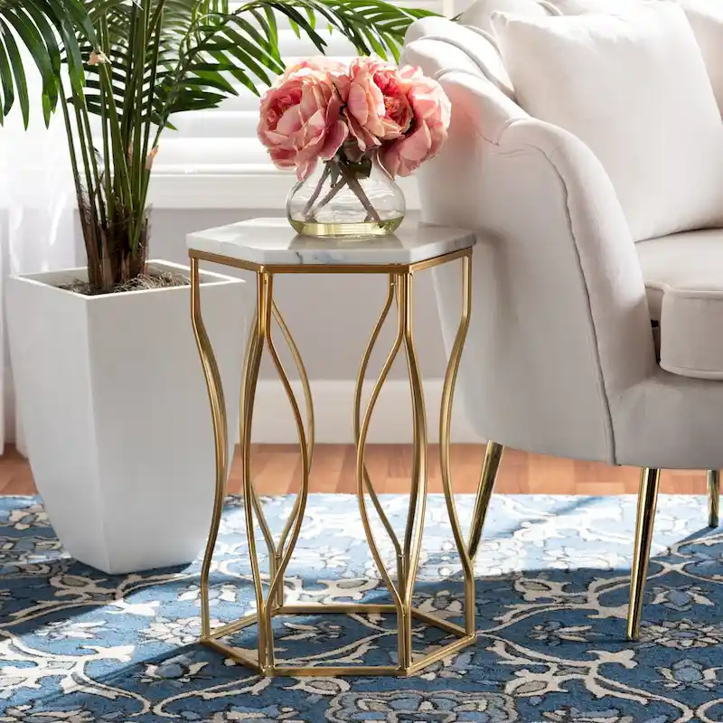 Modern and Contemporary Metal End Table with Real Marble Top