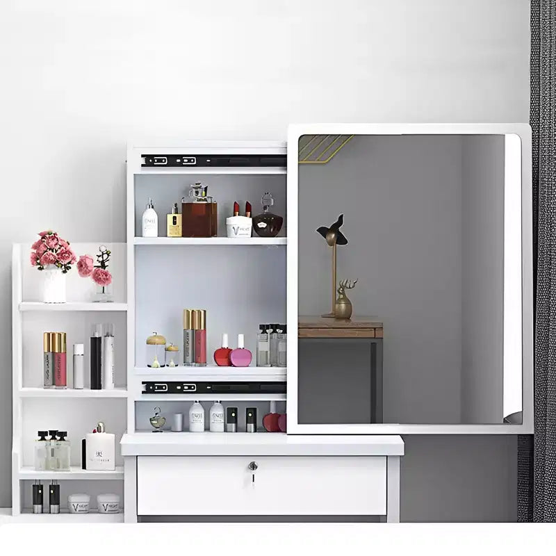 Furniliving Vanity Desk with Mirror & Makeup Stool, Table Set with 3 Color Lighting Brightness Adjustable, 4 Drawers
