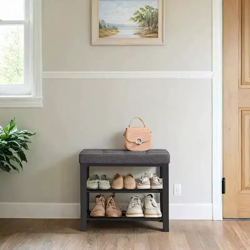 Entryway Shoe Bench with Cushion | Foam Padded Linen Seat & Metal Frame