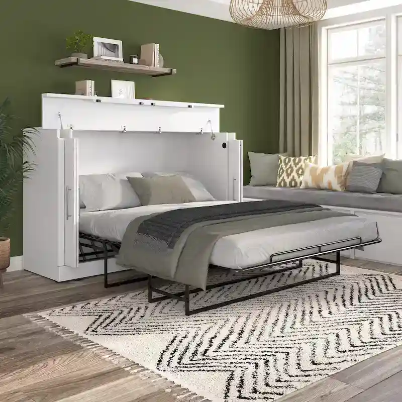 Queen Fold-Out Cabinet Bed with Mattress – White / Bark Grey – Sleeps 2