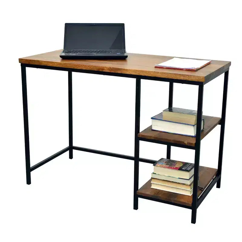 Flynn Chestnut & Black Desk with Metal Frame, Wood Surface & Open Storage Shelf