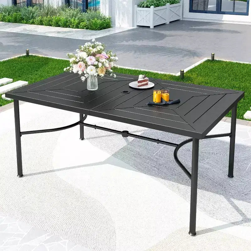 7pc Outdoor Dining Set with Rectangular Table with 1.9" Umbrella Hole & Padded Textilene Chairs - Gray/Black - Captiva Designs: Steel Frame