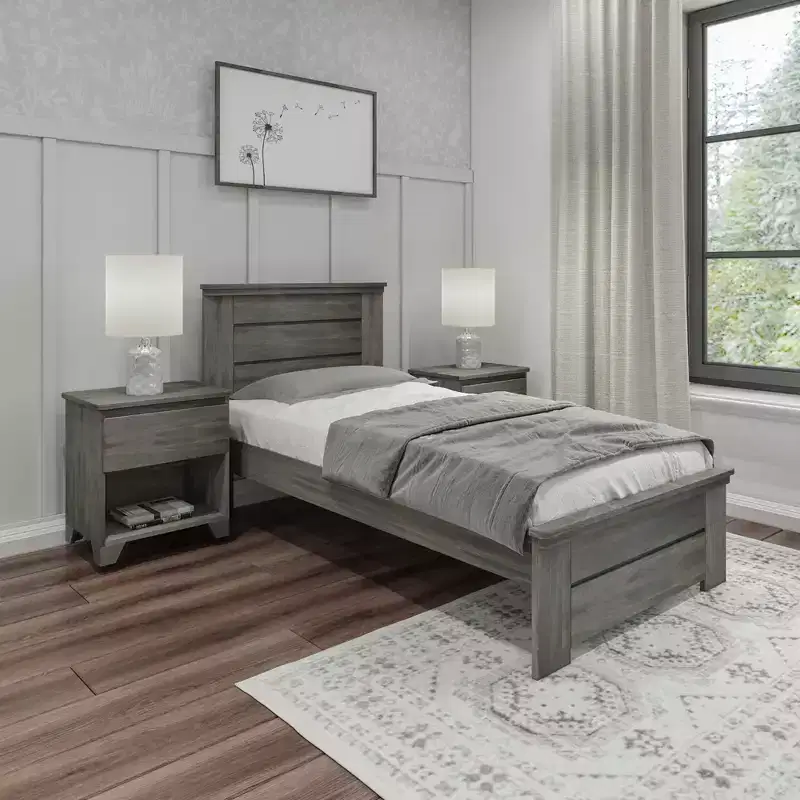 Twin Bed Frame with Panel Headboard, Modern Farmhouse Solid Wood Platform Bed