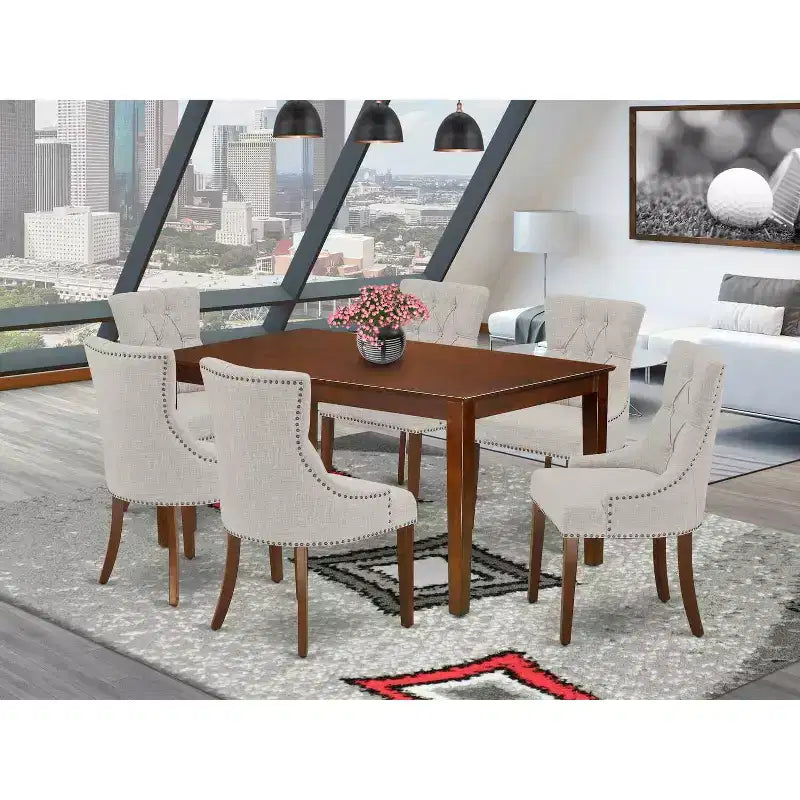 HomeStock 7-Piece Rectangle Mahogany Finish Solid Wood Top Dining Table with 6-Parson Chairs